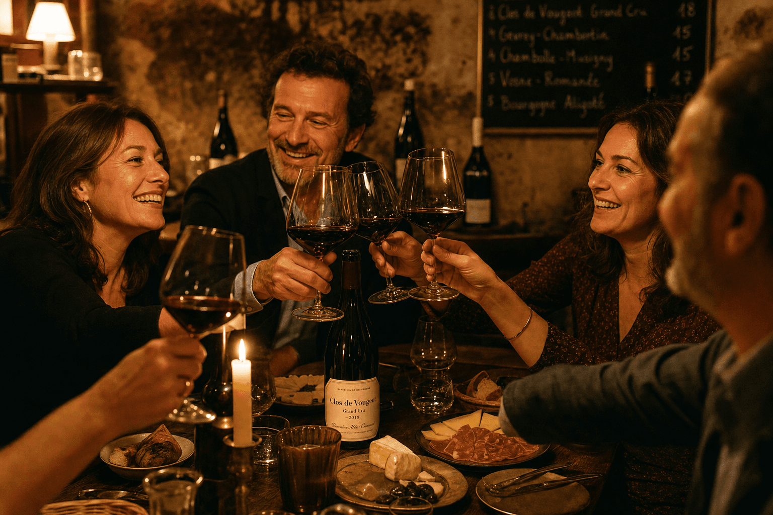 Adults toasting with glasses of red wine at an intimate French wine table, candlelight, burgundy and amber tones, soft bokeh, French conversation atmosphere.