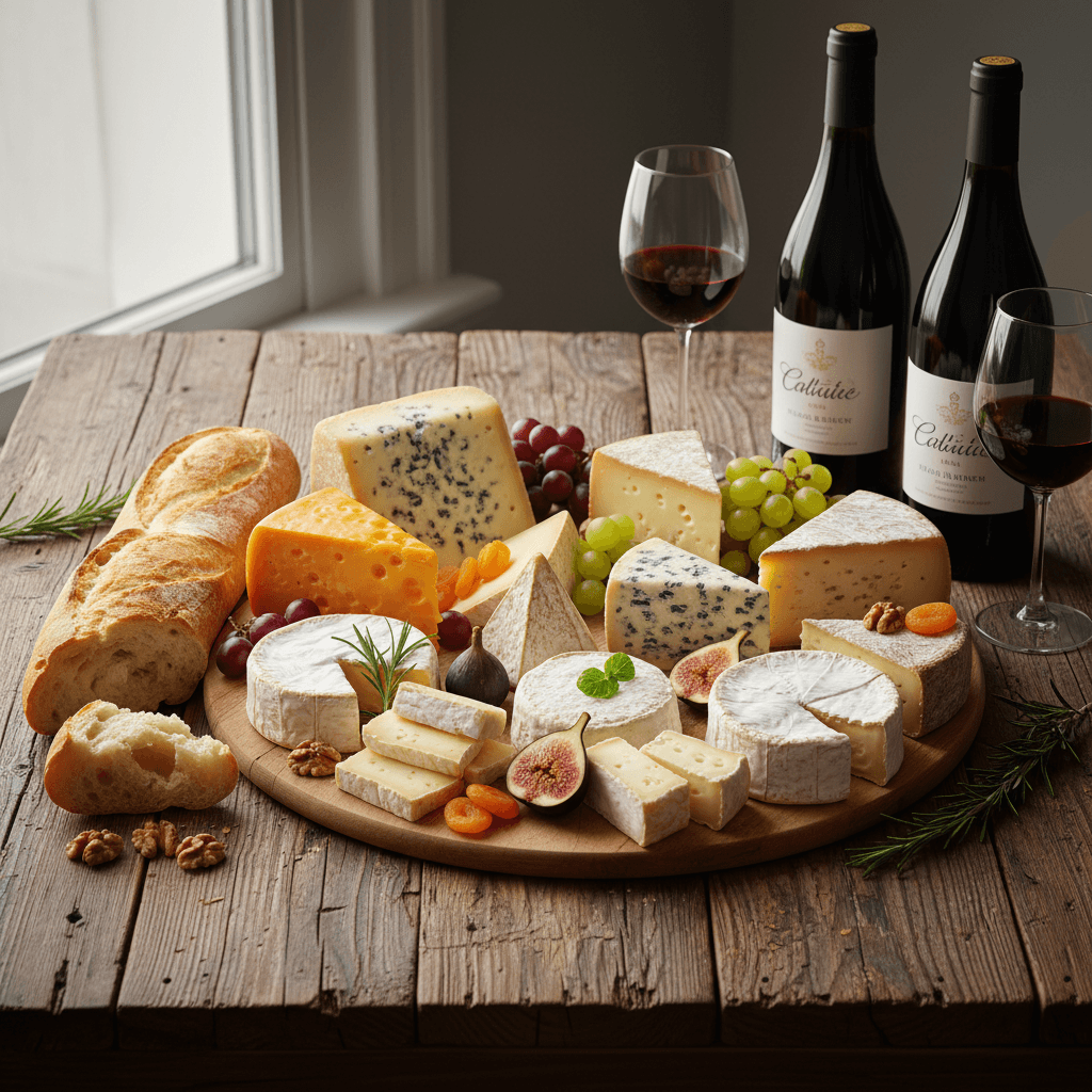 Colorful spread of French cheeses, baguette, and wine on a rustic wooden table