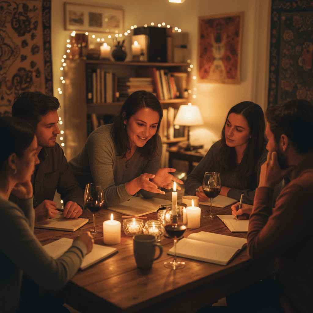Guide leaning in to listen and support a learner at a wine table