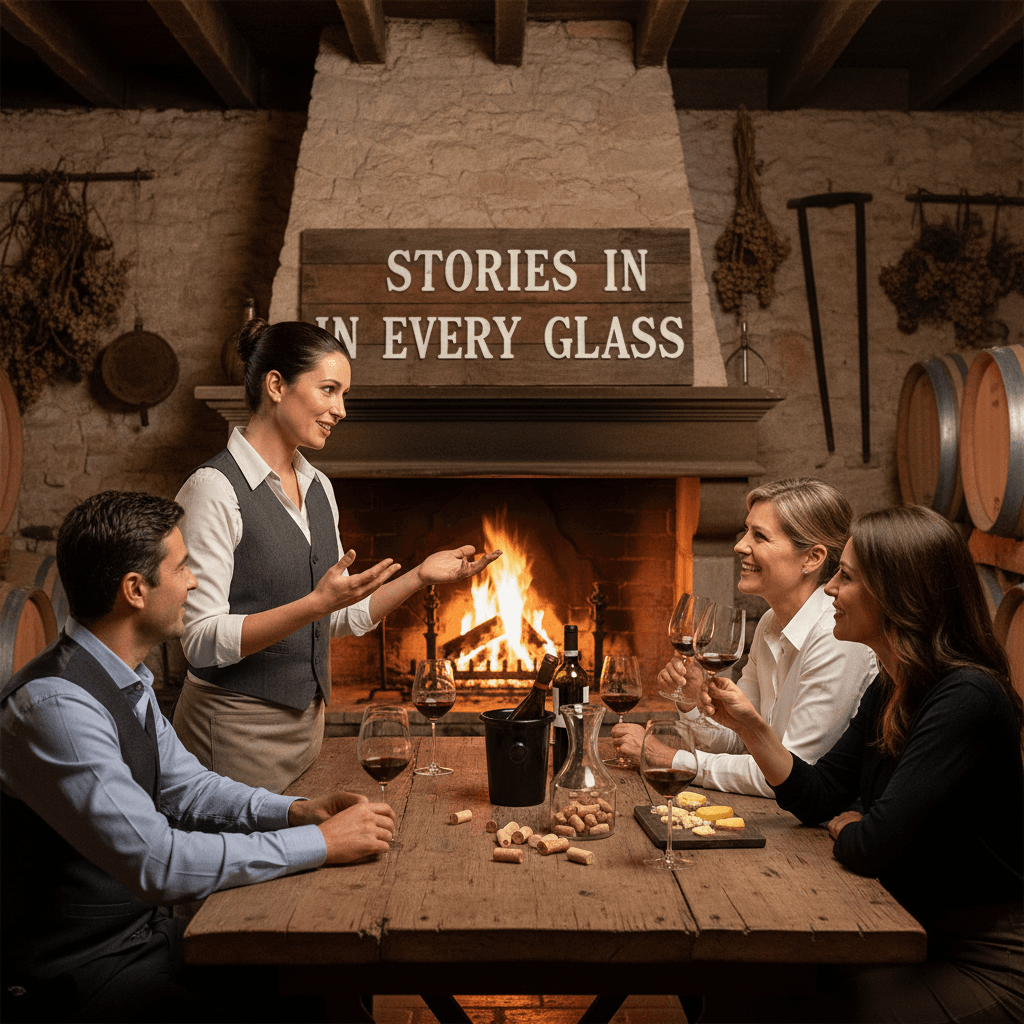 Sommelier sharing a story with guests over a wine tasting at a rustic winery