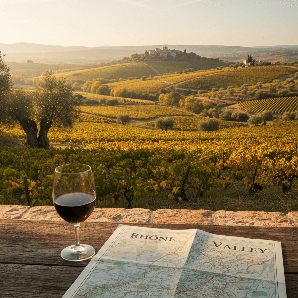 Glass of red wine overlooking a Rhône Valley vineyard