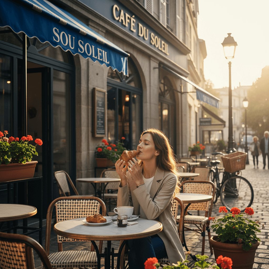 Woman enjoying a fresh croissant at a charming French cafe with warm morning light