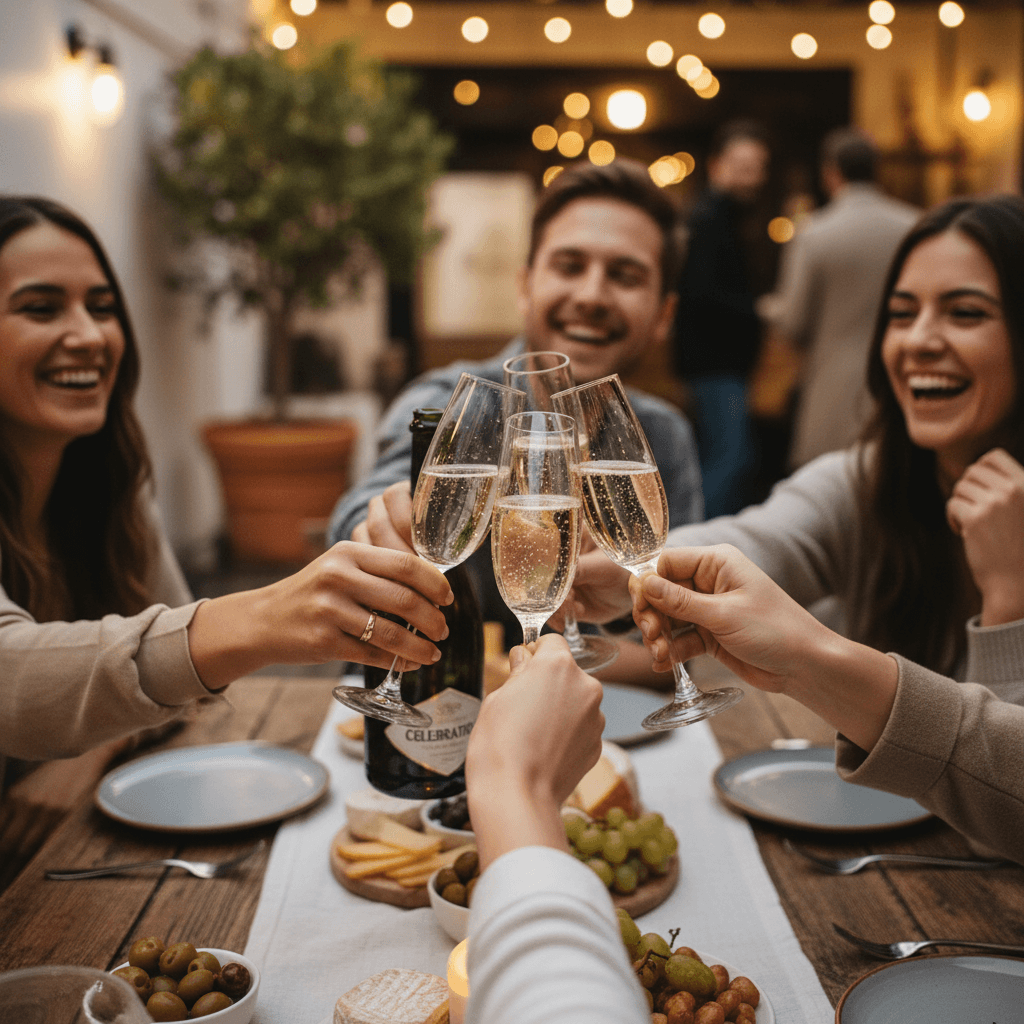 Friends clinking glasses of sparkling wine during a convivial gathering