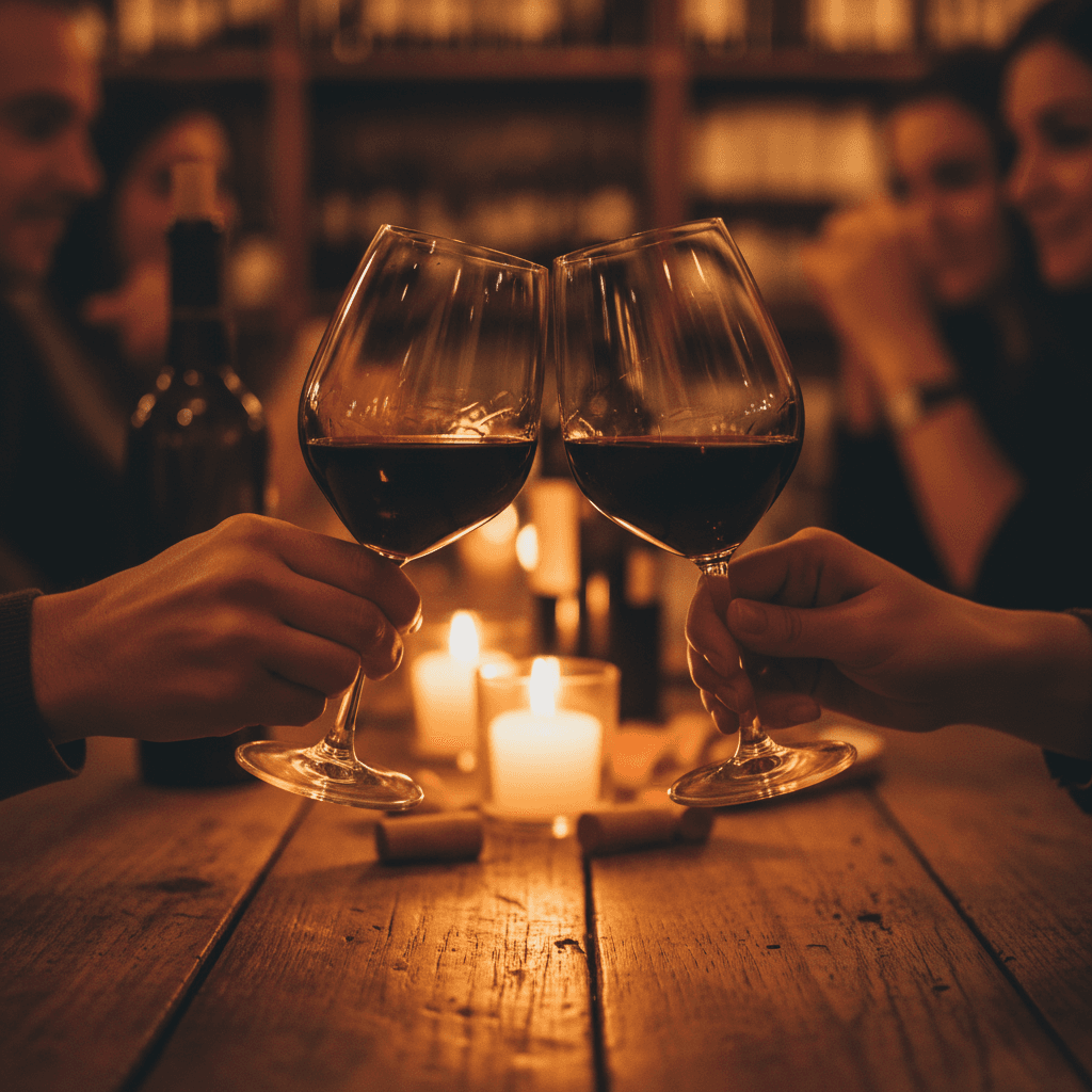 Hands toasting glasses of red wine over a rustic wooden table