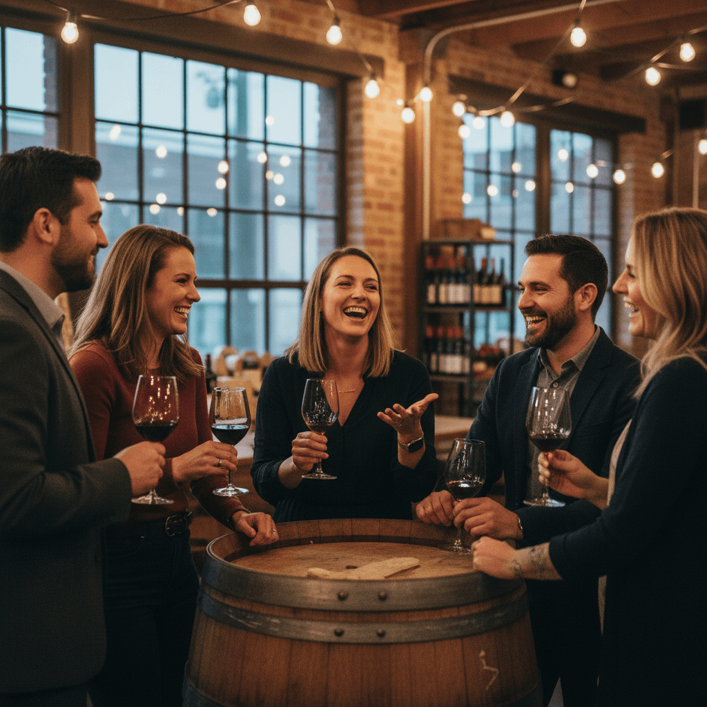 Group of adults laughing and talking around a wine barrel table