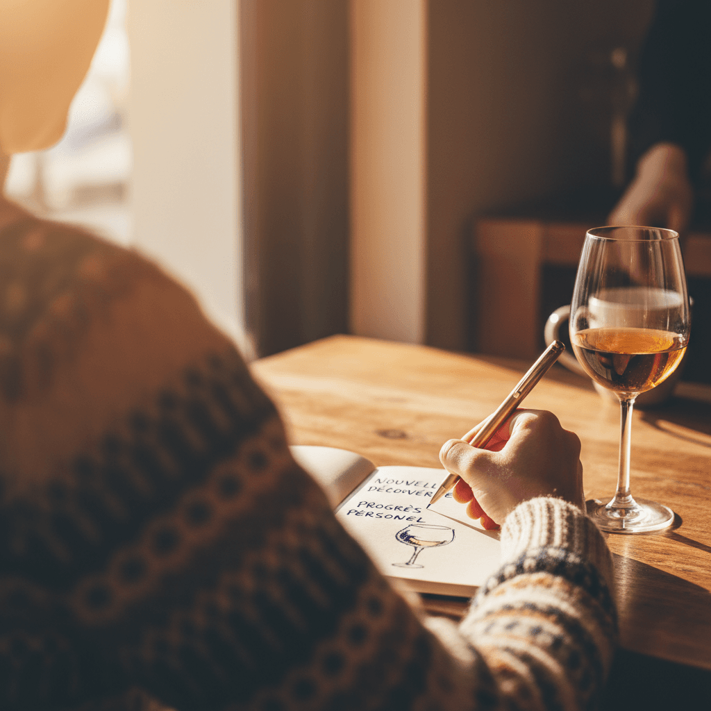 Journal with French notes beside a wine glass