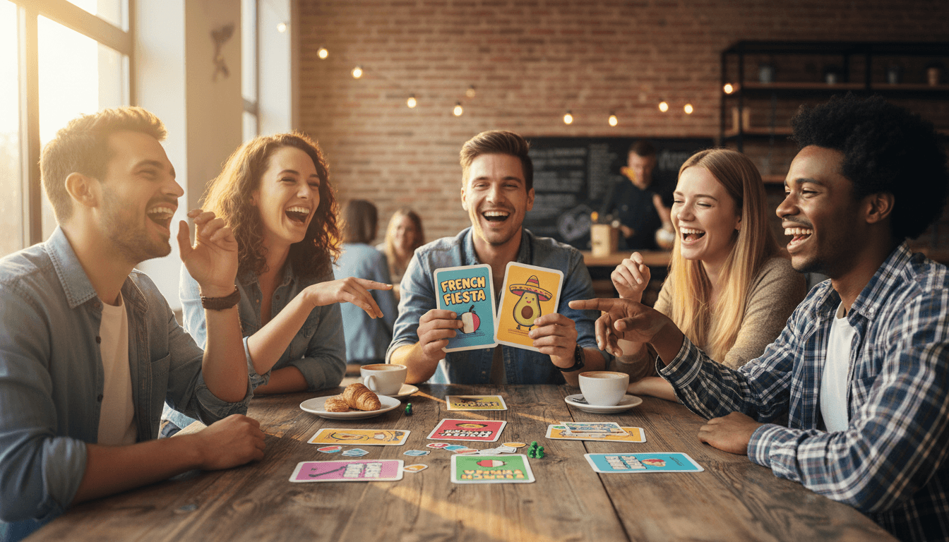 Group of friends laughing and playing an interactive language game with cards at a table