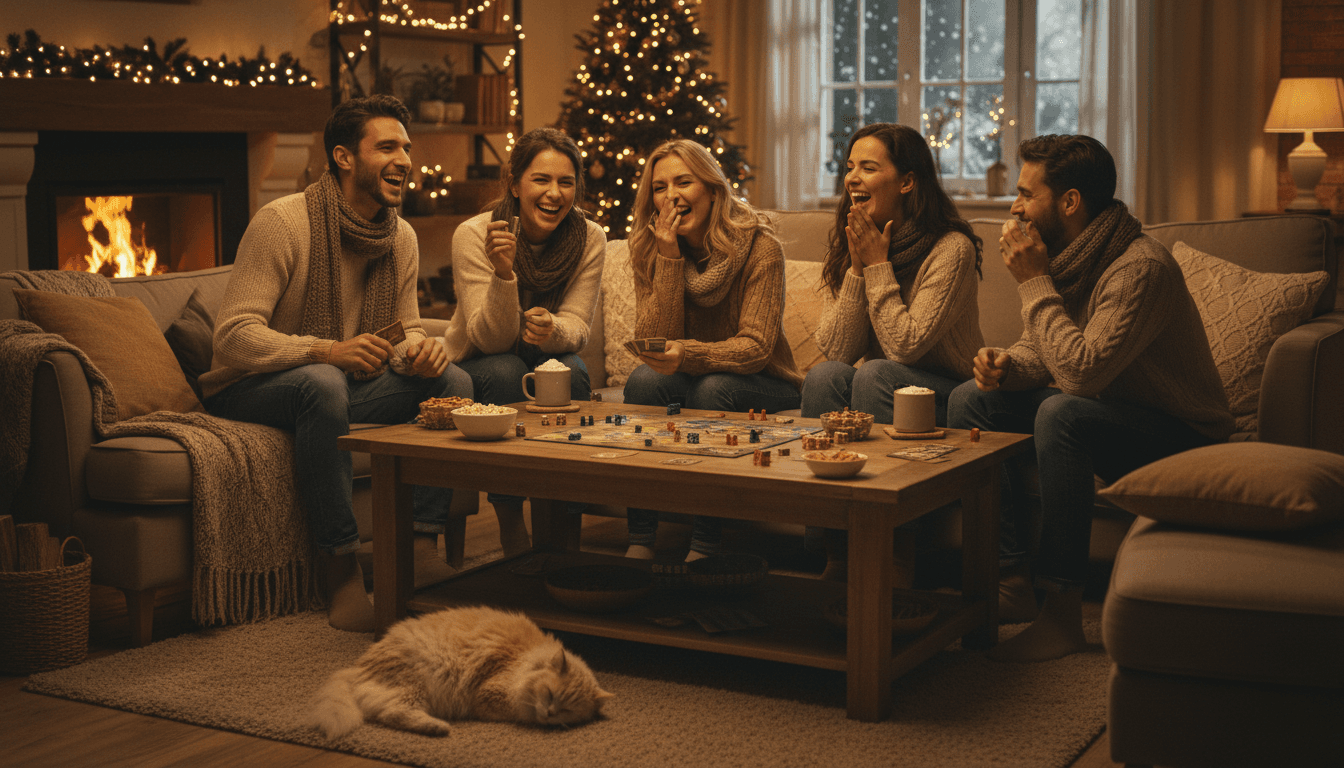 Group of friends laughing and playing a board game together