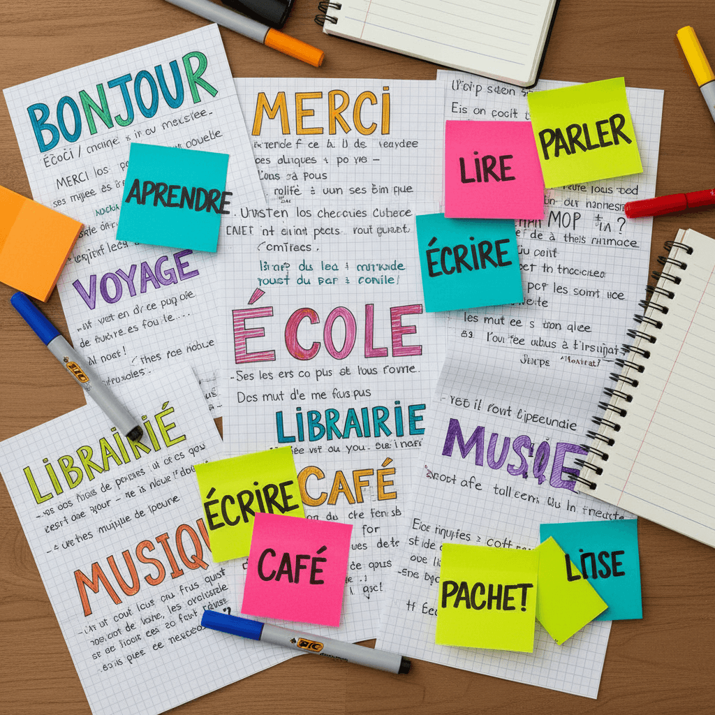 Colorful handwritten notes with French words and translations on a desk
