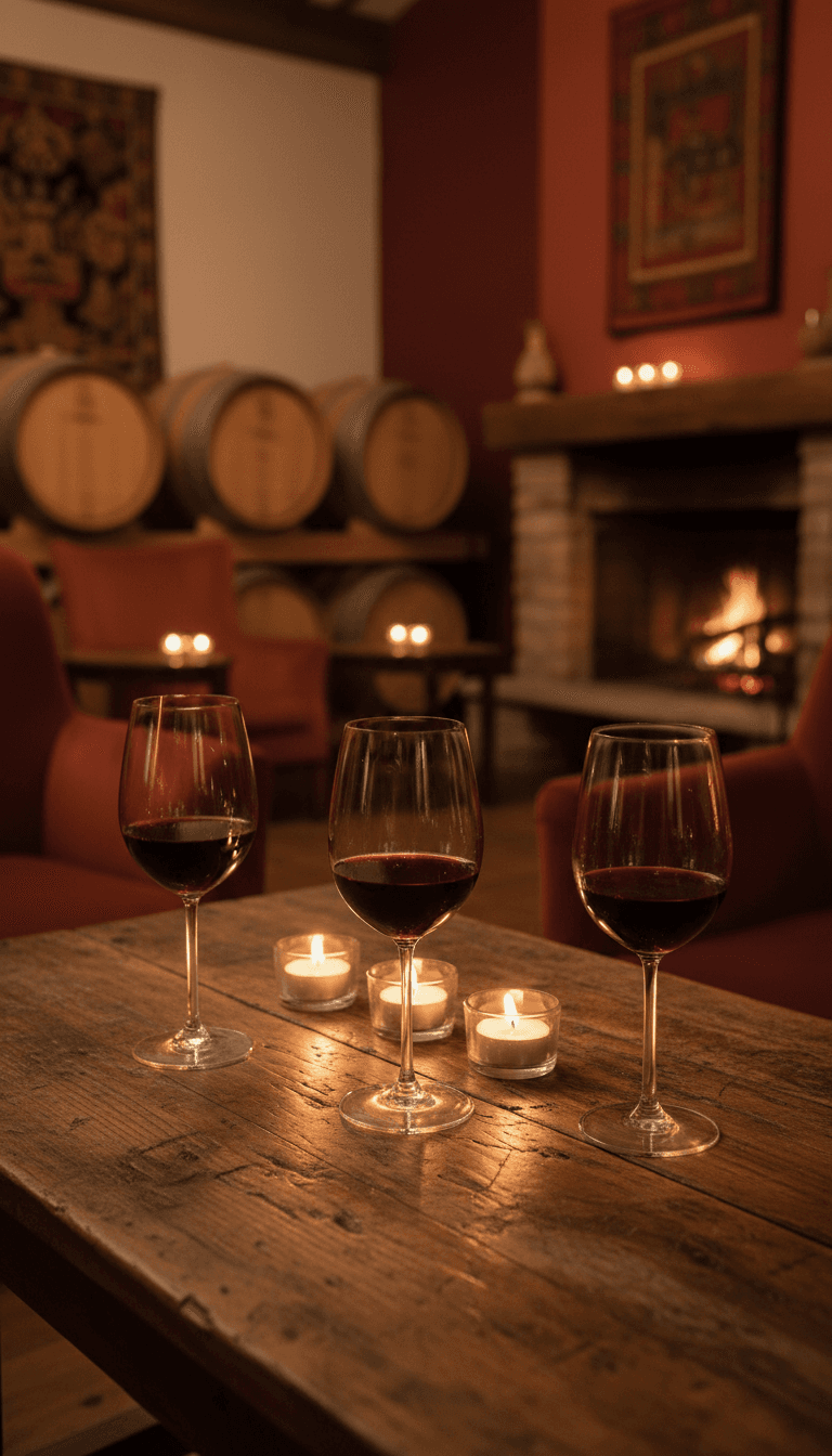 Wine tasting glasses set on a rustic table with warm, convivial lighting