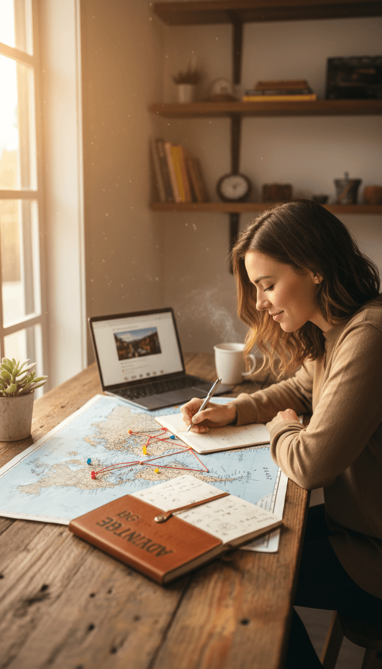 Planning a French language tour or retreat with a map and notebook