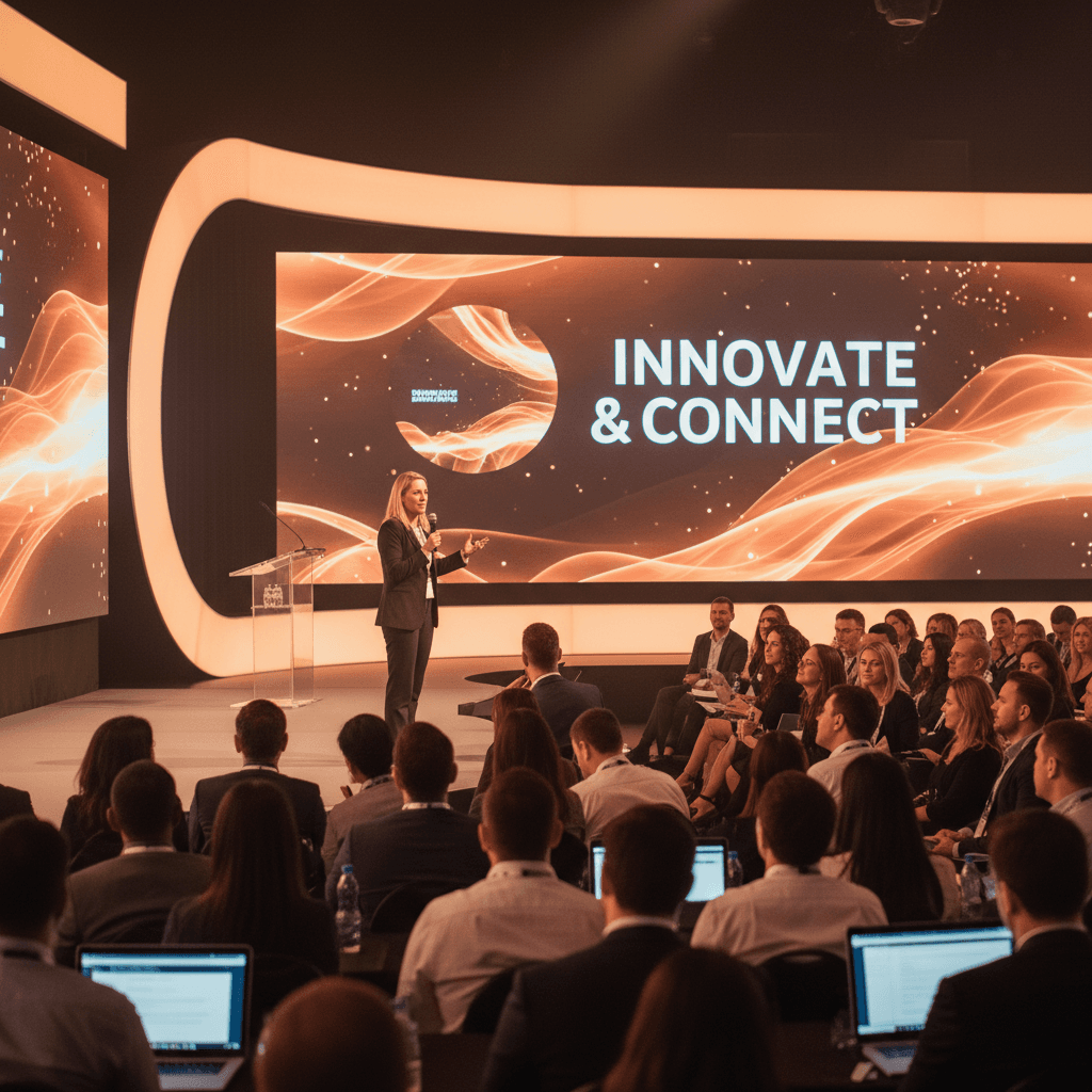 Speaker presenting at a professional conference with an engaged audience
