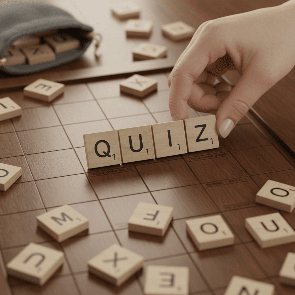 Hand placing letter tiles during a word game on a wooden table