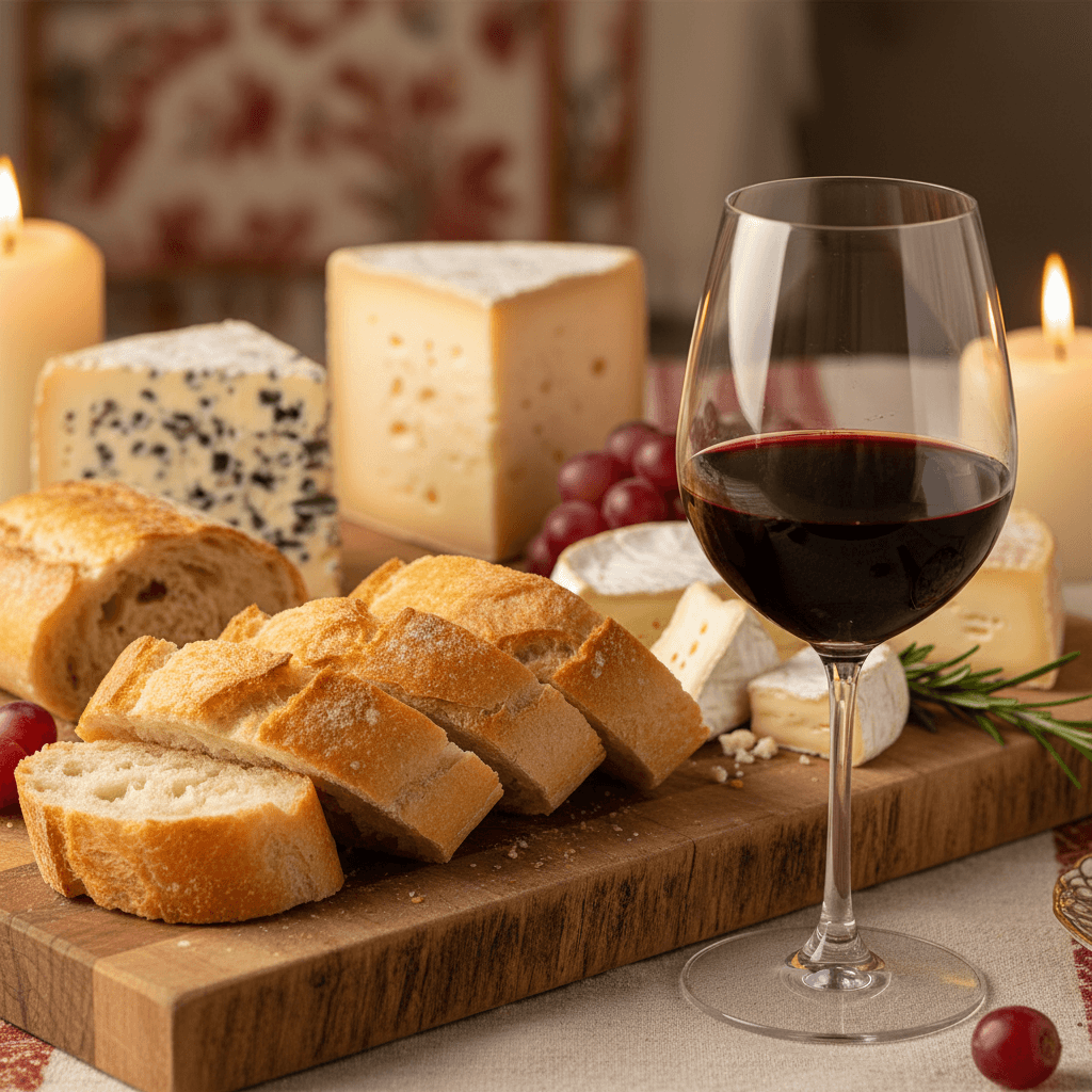 Baguette, cheese, and a glass of red wine on a rustic board