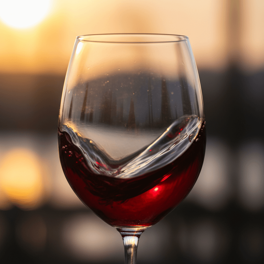 Red wine swirling in a glass in soft warm light