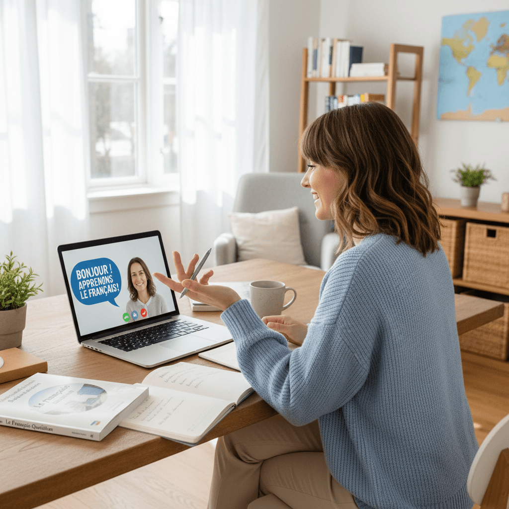 Woman smiling during an online French lesson on her laptop at home
