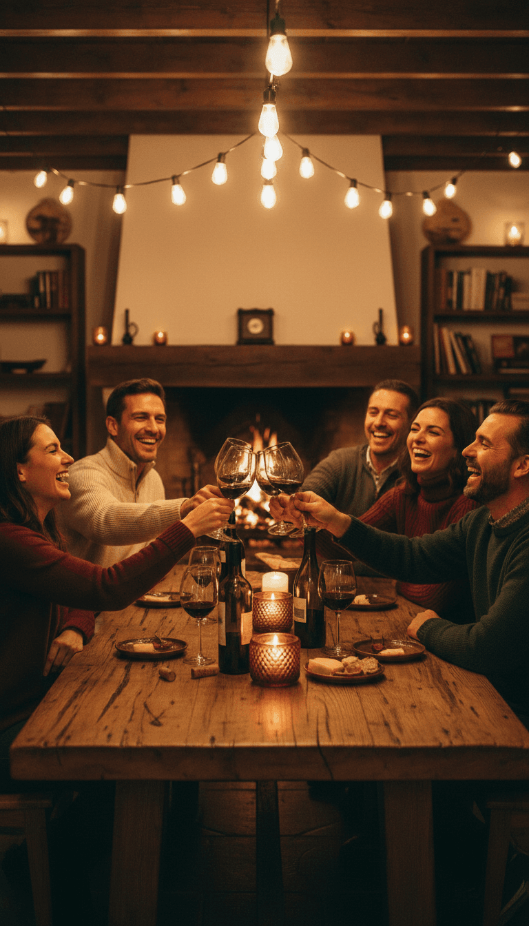 Group of adults laughing and raising wine glasses at a cozy tasting table