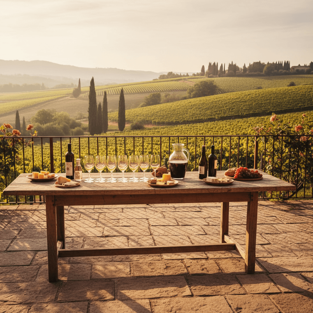 Long wooden tasting table on a sunny French vineyard terrace