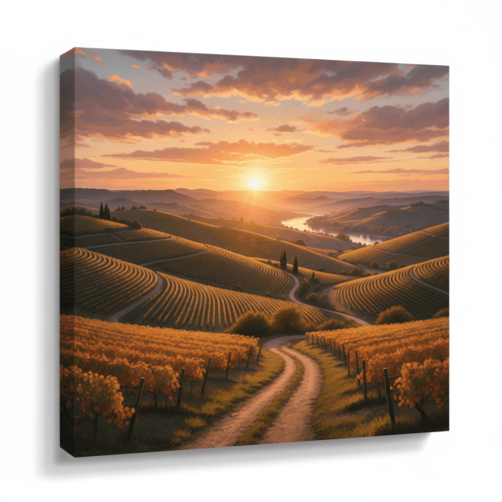 Rolling vineyard hills in the Rhône Valley with a golden sunset and winding path