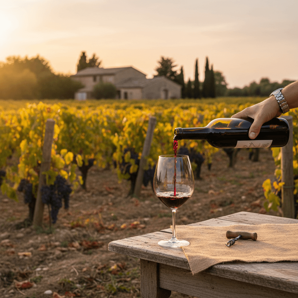 Glass of red wine being poured in a rustic vineyard