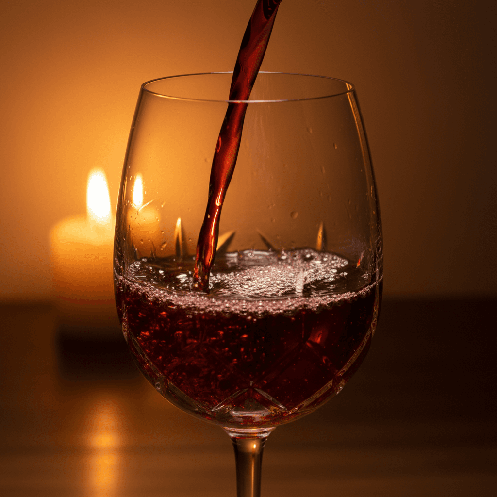 Close-up of a red wine pouring into a crystal glass with warm lighting