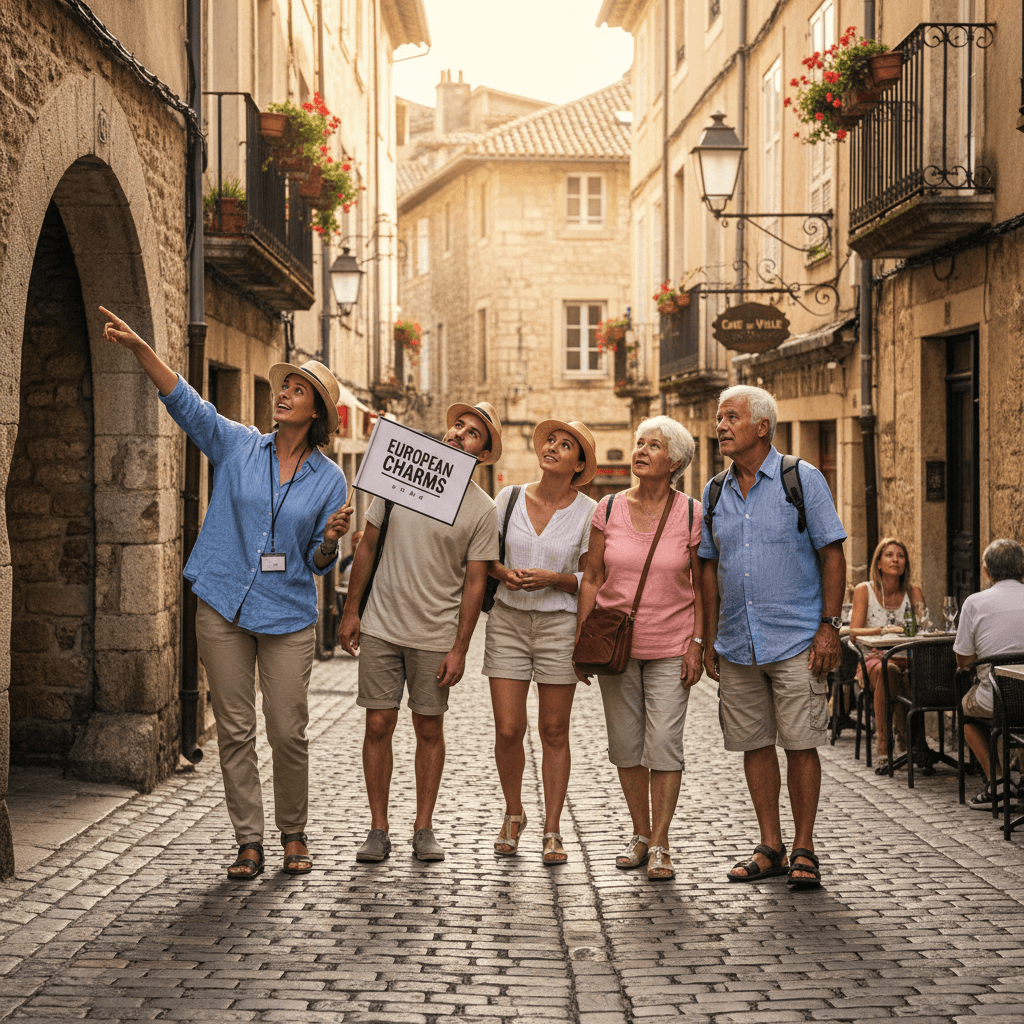 Tour guide leading a small group through a charming European old town