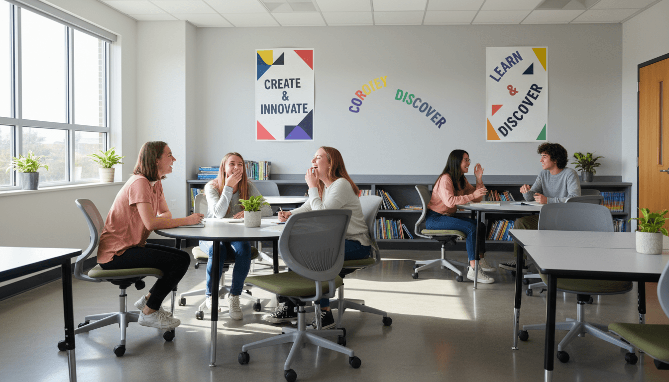 Adult students chatting and laughing in a bright modern classroom during a French language lesson