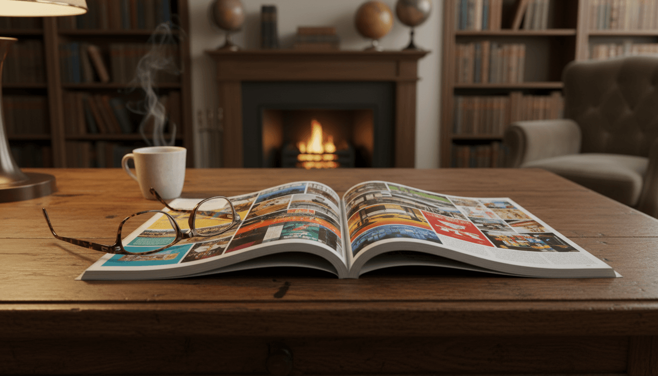 Open magazine with colorful pages and reading glasses on a wooden table in a cozy indoor setting
