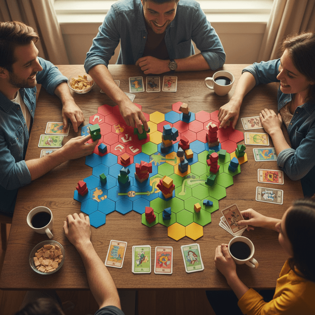 Colorful board game with wooden blocks and cards on a table with friends playing