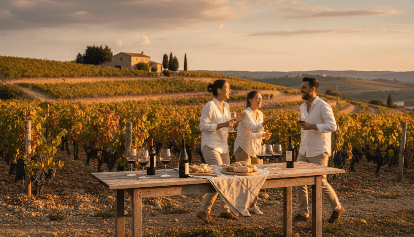 A tasting table with wine glasses set among vineyard rows in the Rhône Valley