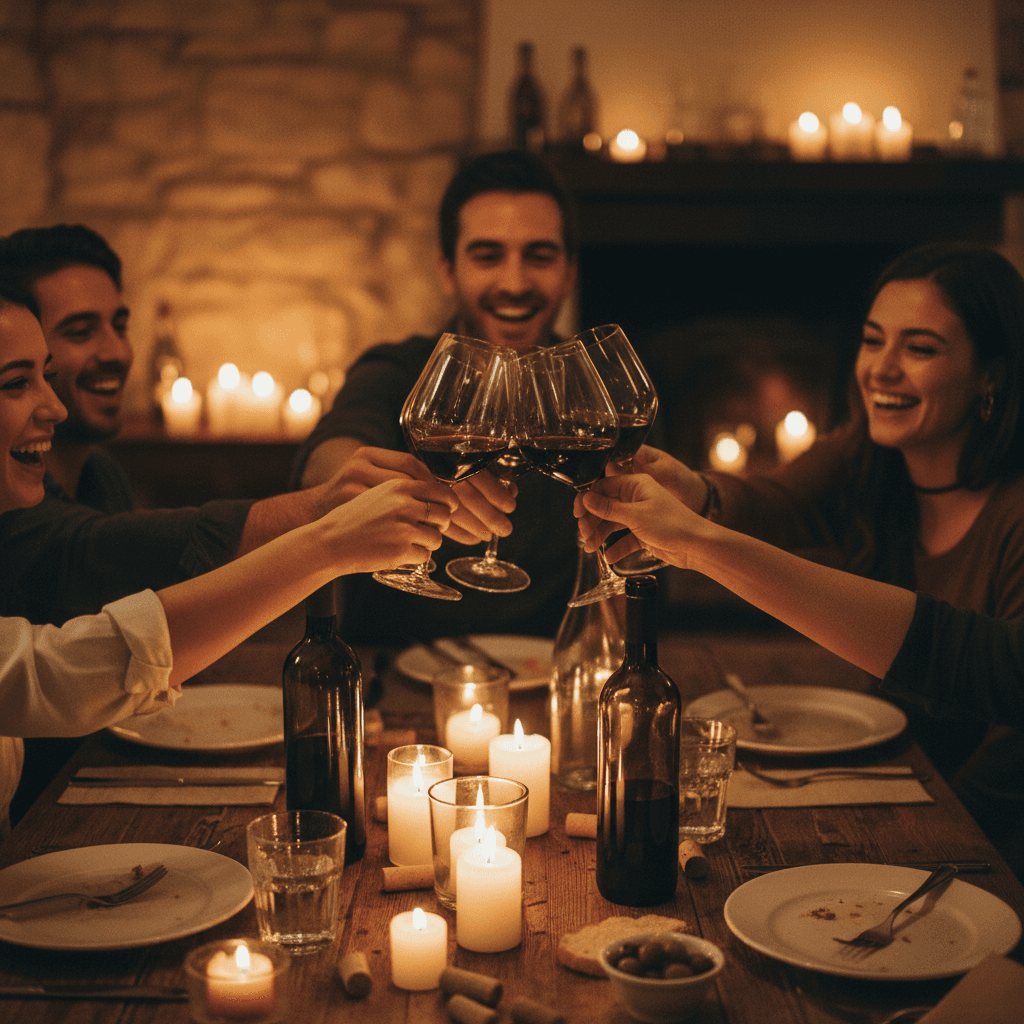 Group of friends raising wine glasses in a warm, candlelit setting