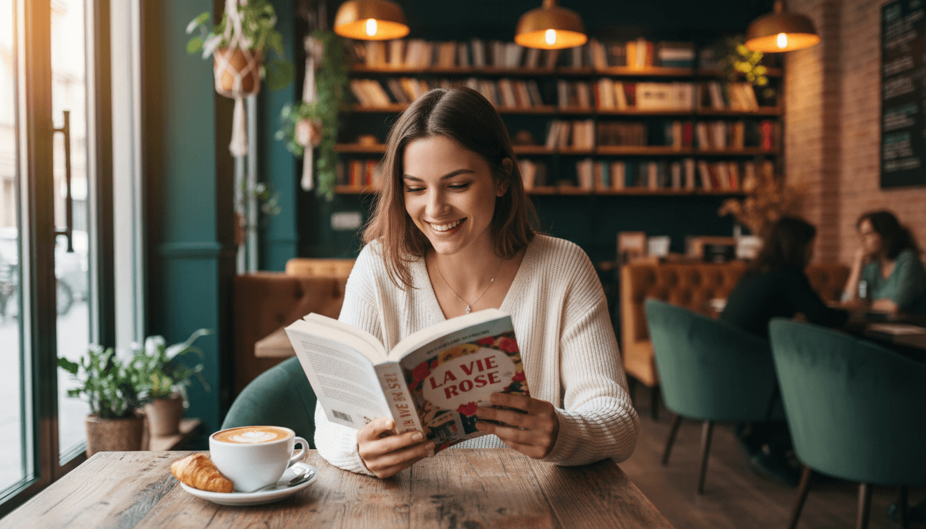 Young woman smiling while reading a French book at a cozy cafe table with coffee
