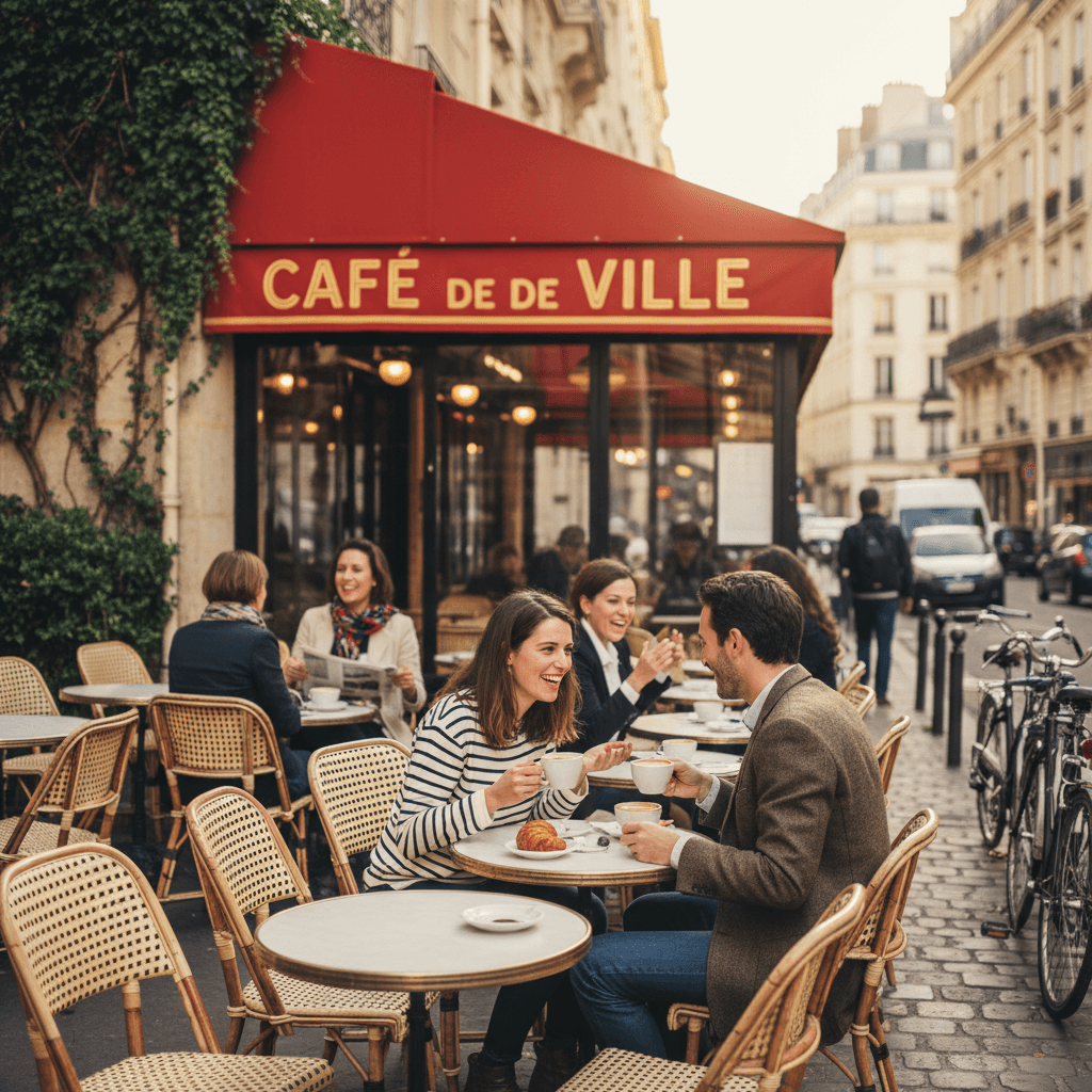 People chatting casually at a Parisian café table with coffee