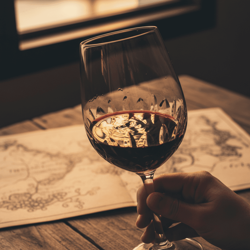 Hand swirling red wine in a glass by a window