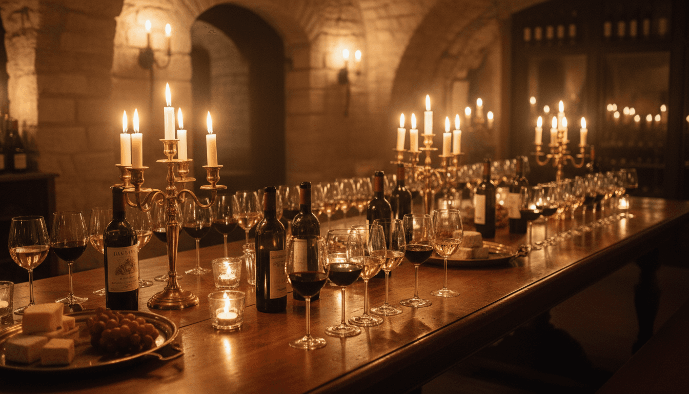 Wine glasses on a rustic table with bottles and warm candlelight