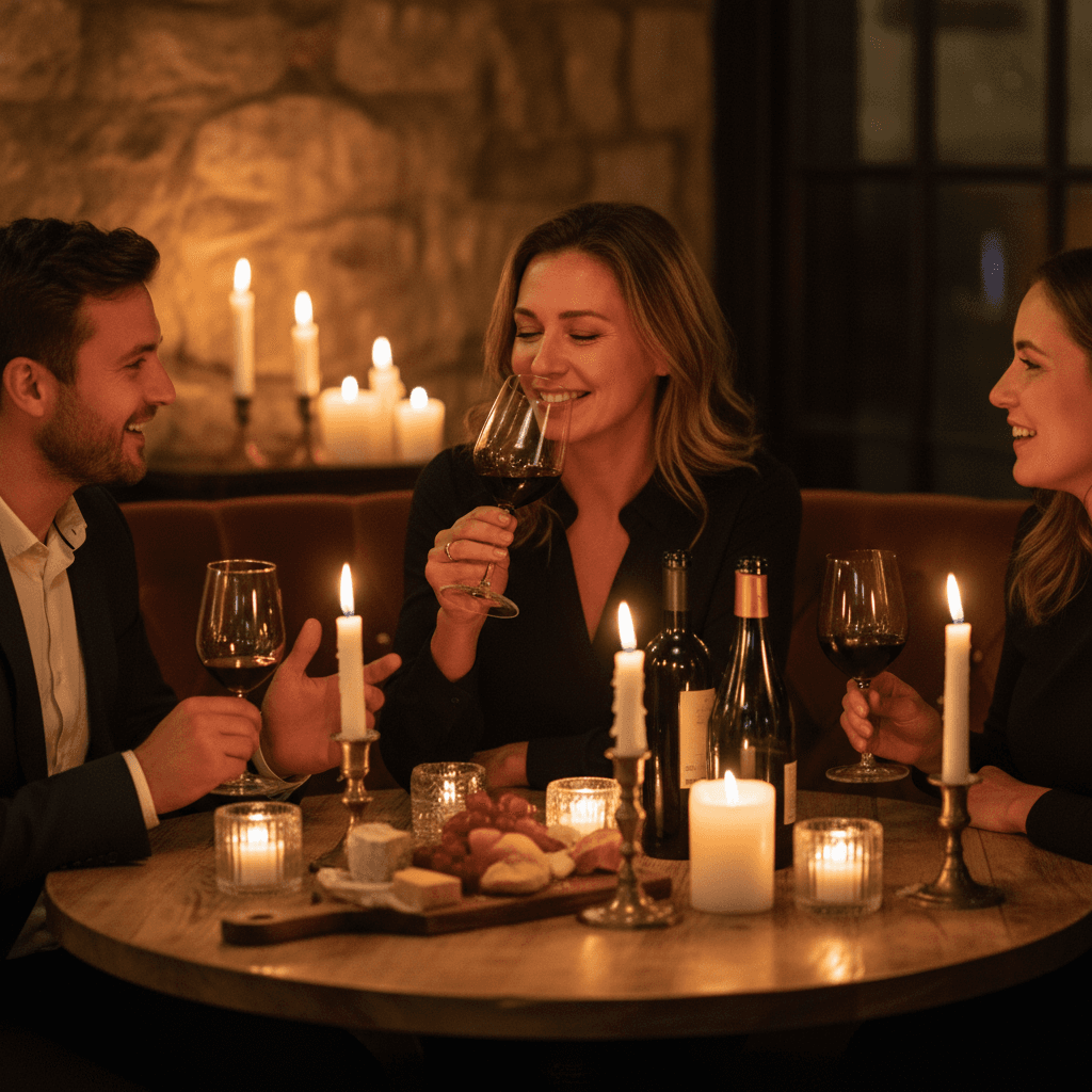 Smiling woman tasting wine at a cozy candlelit table with friends