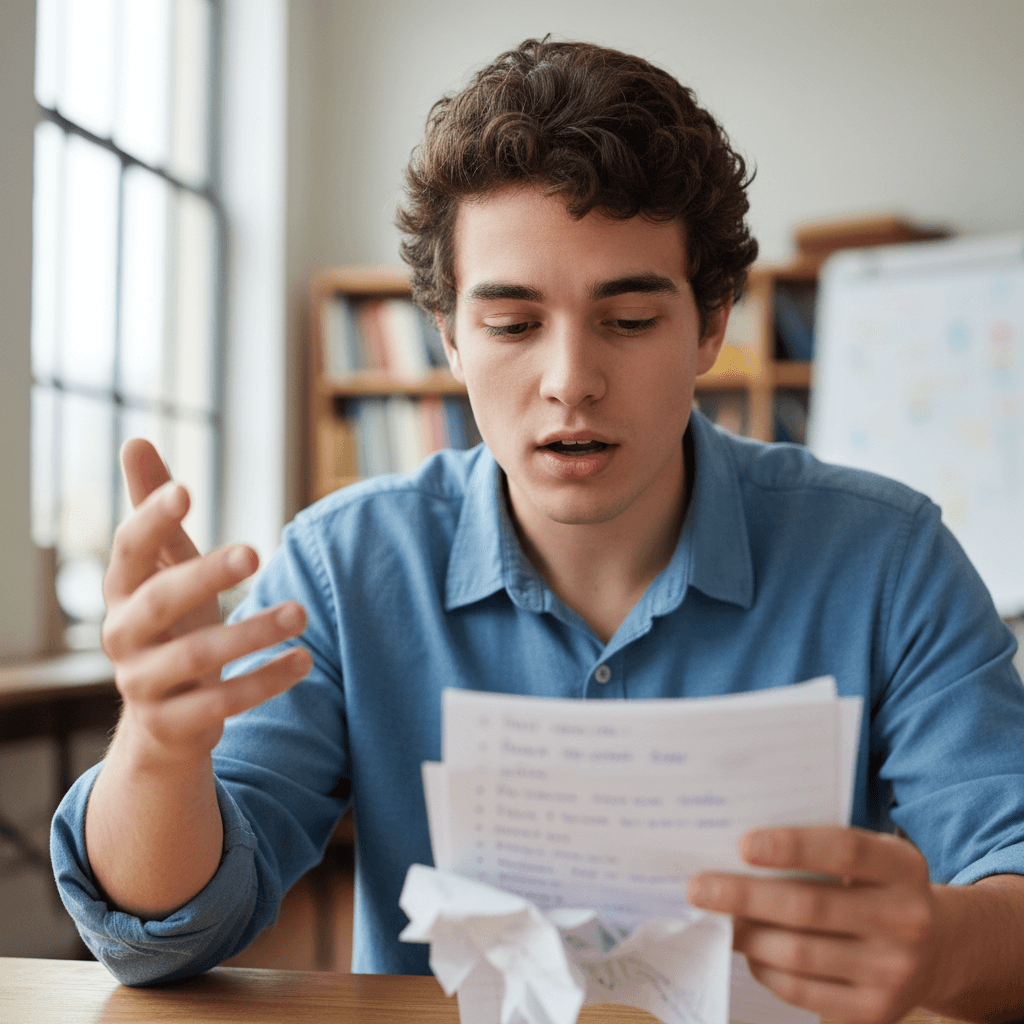 Person practicing French pronunciation while reading from notes