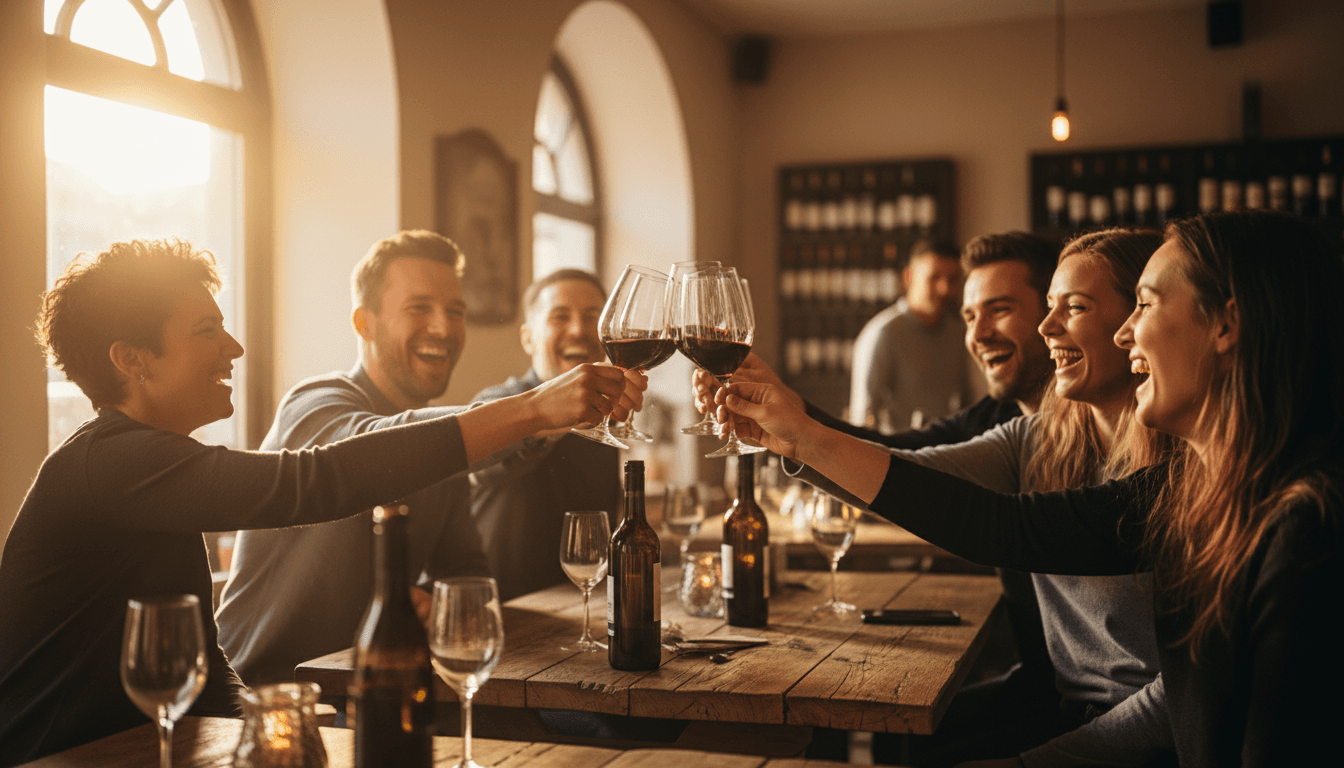 Vuxna som skålar med rödvin i en mysig vinbar i Stockholm