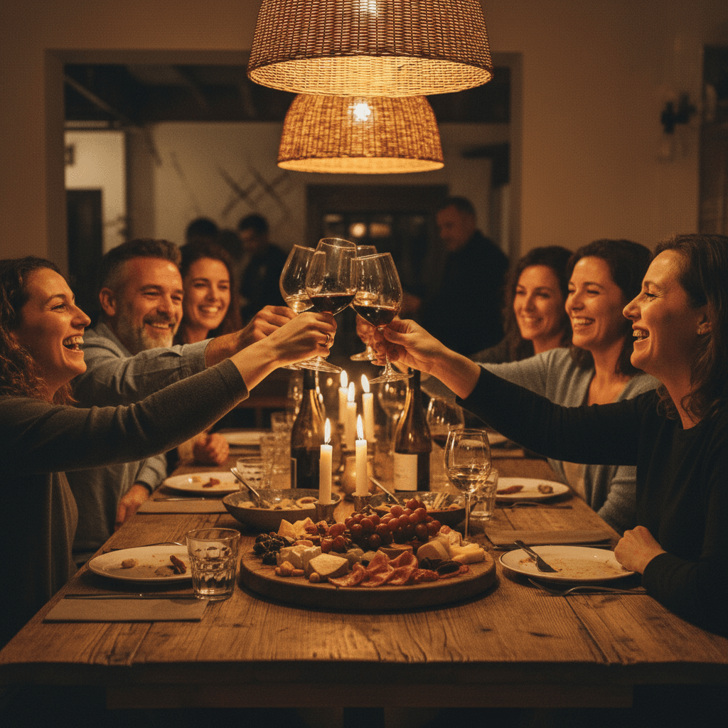 Diverse adults toasting together around a wooden table