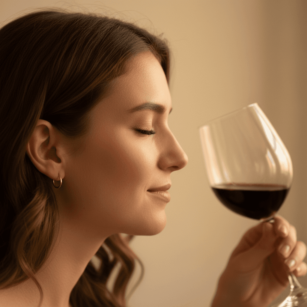 Person listening intently with a blurry wine glass nearby