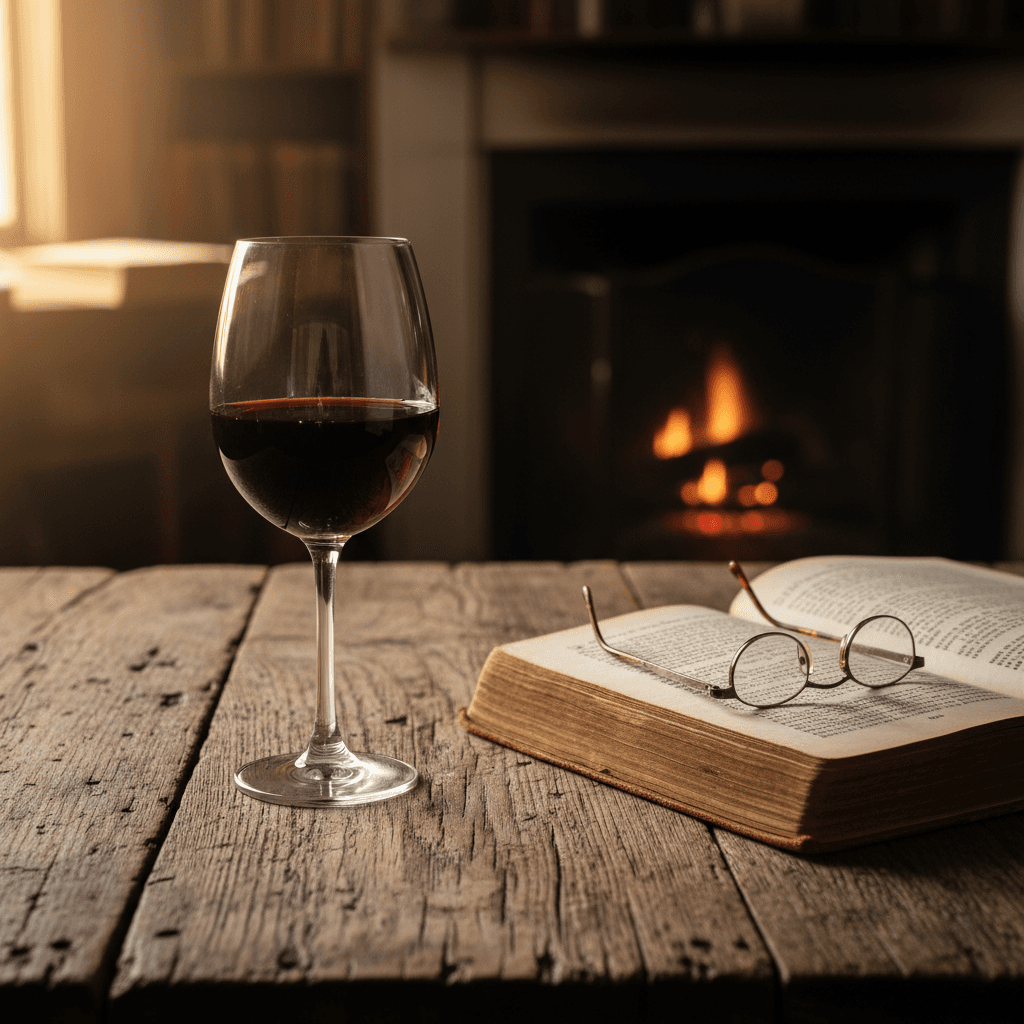 Wine glass resting on a rustic wooden table beside an open book