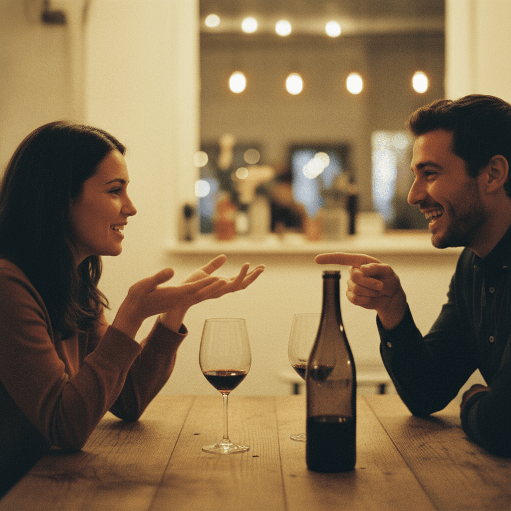 Two people in lively animated conversation over wine
