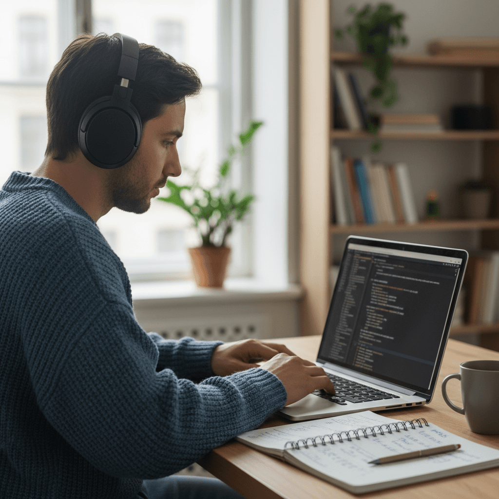 Person listening to audio with headphones while taking notes on a laptop