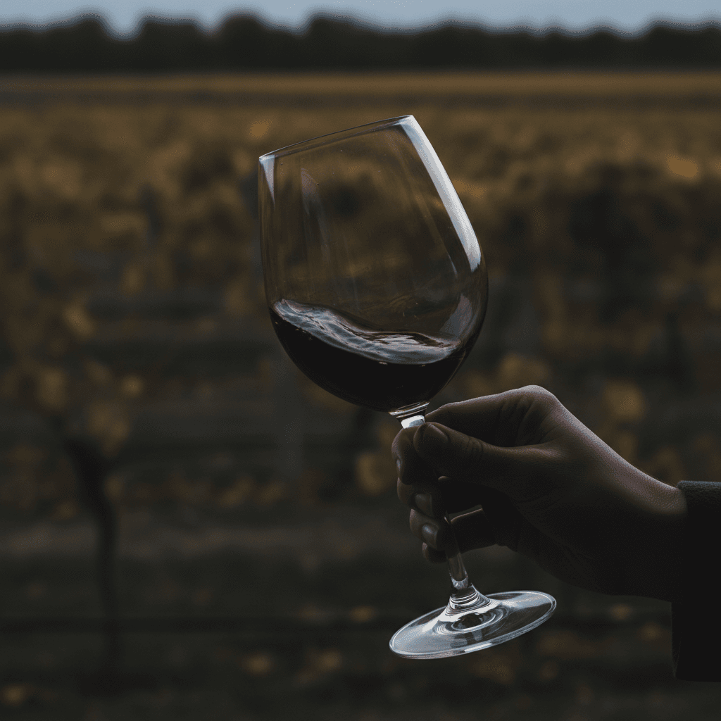 Close-up of swirling red wine in a glass against a blurred vineyard