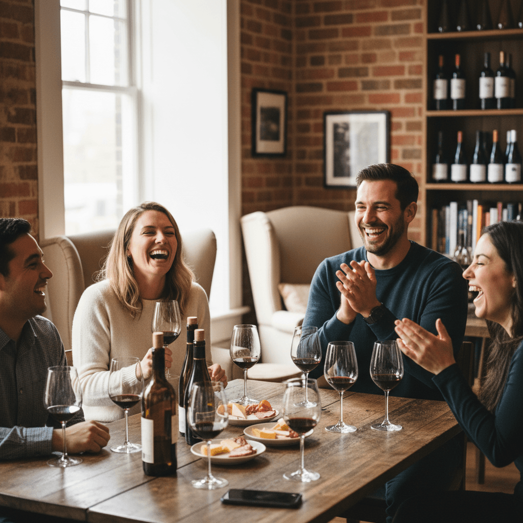 Group laughing together during an intimate wine tasting