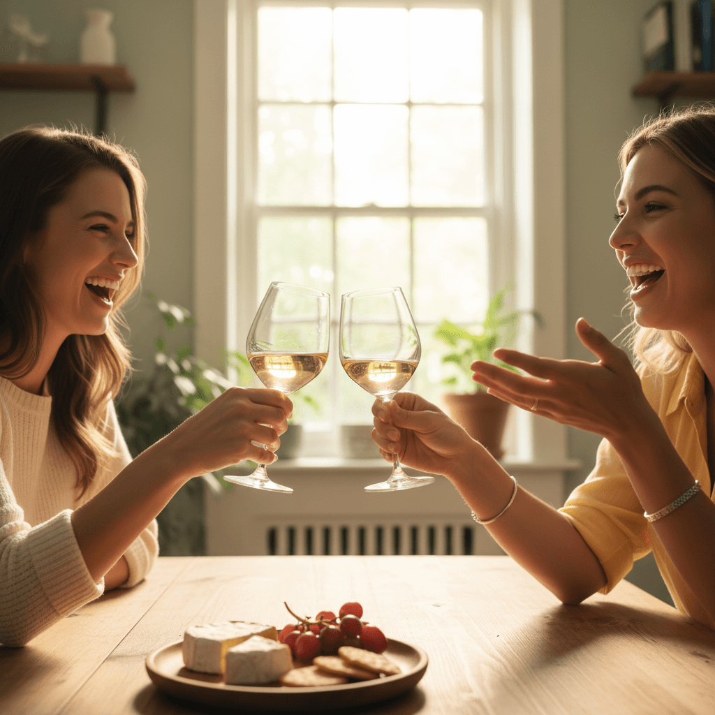 Two friends toasting white wine at a sunlit table