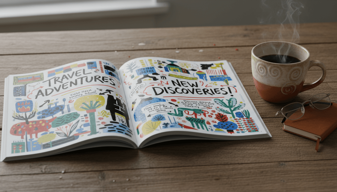 Open magazine with colorful pages and handwritten notes on a wooden table with a coffee cup