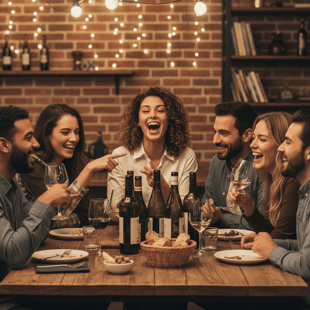 People laughing and conversing around a table with wine