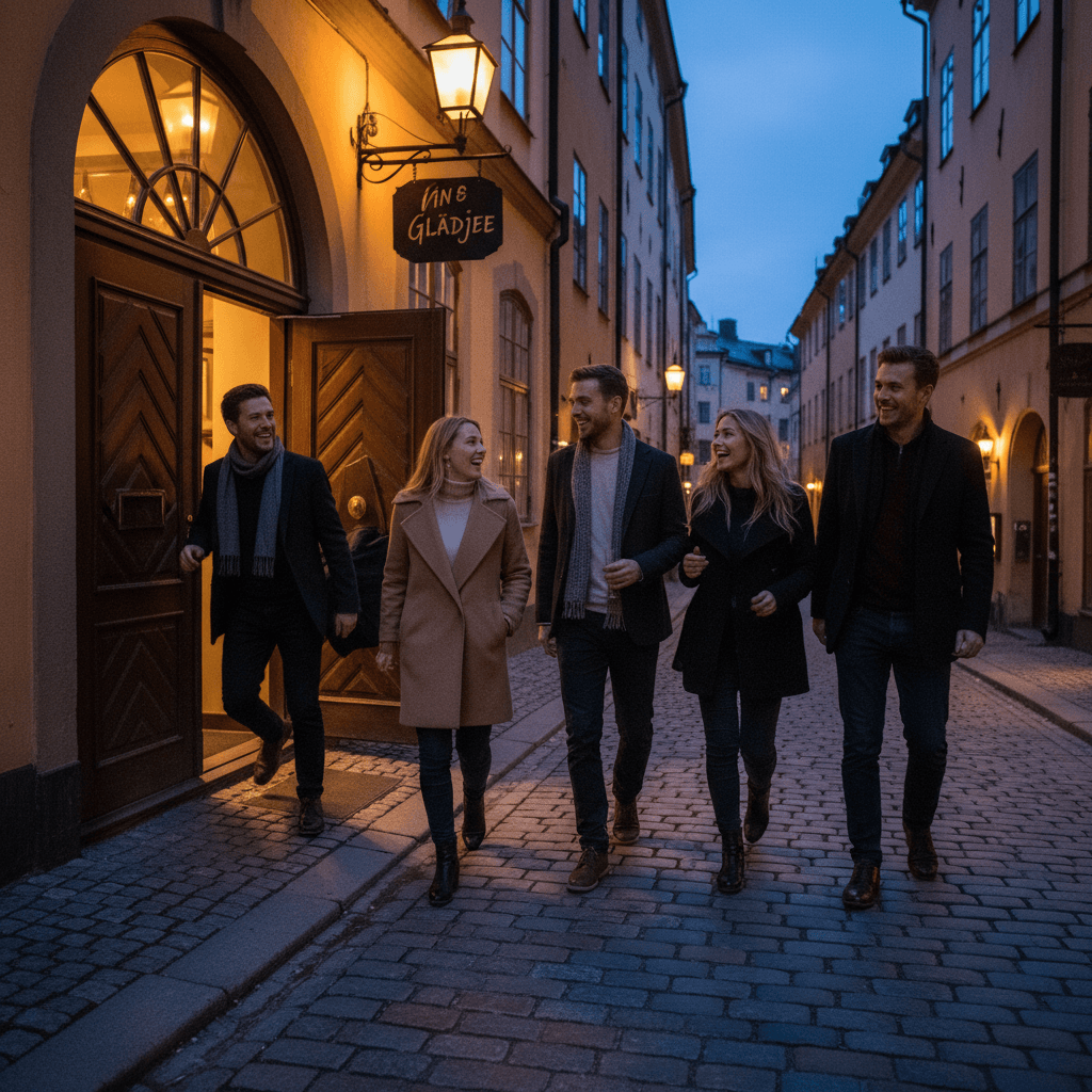 Friends leaving a wine bar happily in the evening