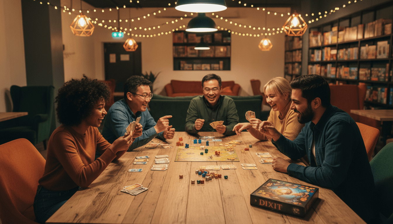 Children and adults playing a colorful language board game together